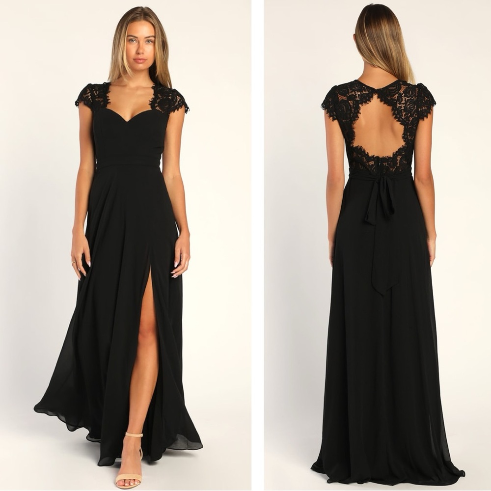 Lulus Momentous Moments Black Lace Backless Maxi Dress NWOT Size XL Wedding Slit